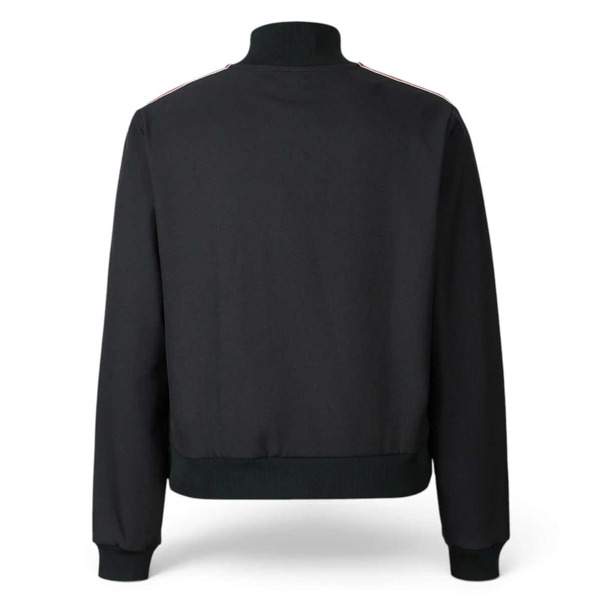 Rear-facing studio perspective of the black track jacket, showcasing the clean unbranded back panel, smooth twill fabric drape, and ribbed hem band.