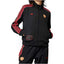 Studio front product shot of the adidas Manchester United Icon Track Top for women in black, highlighting the full-zip closure, ribbed stand-up collar, red-and-white 3-Stripes sleeve taping, embroidered Trefoil logo, and vintage Manchester United club badge.