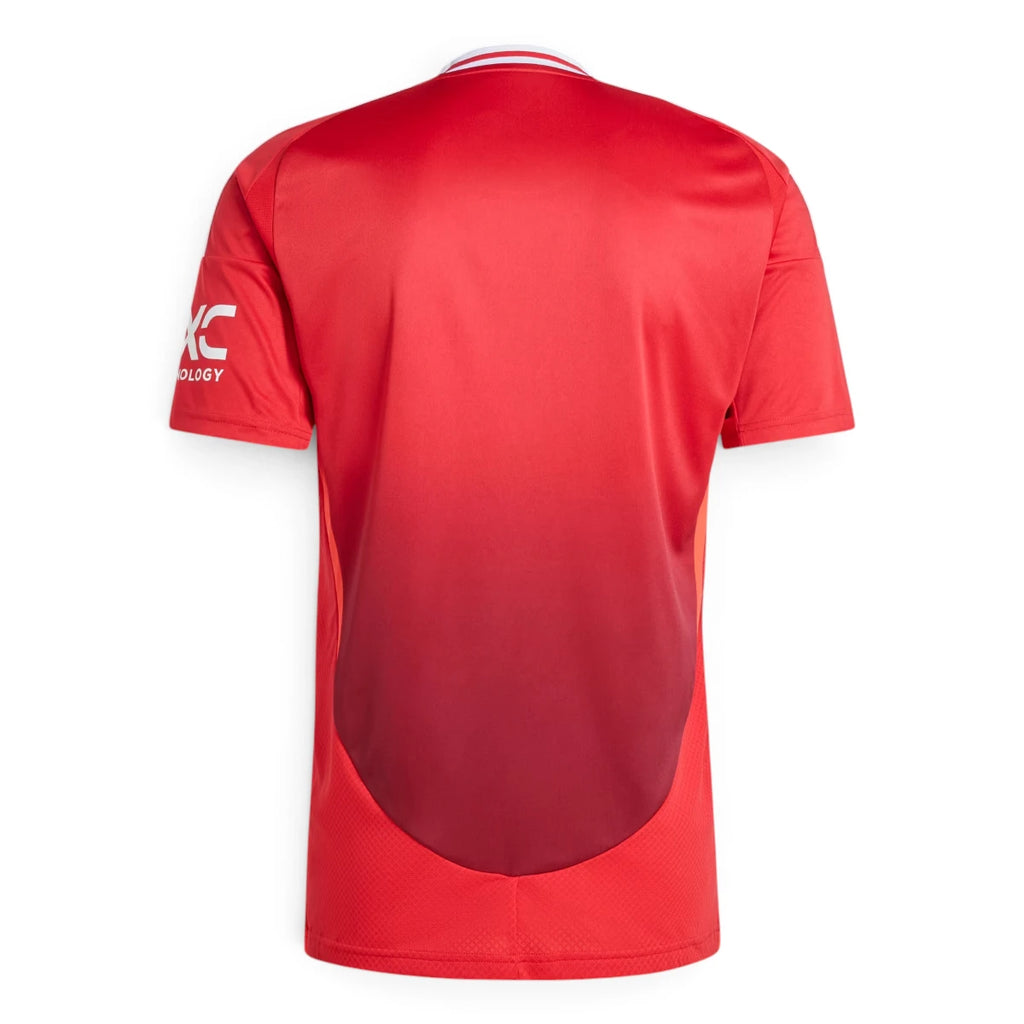 Rear-facing overhead view of the red jersey, displaying the clean unbranded back panel featuring the subtle gradient fade.