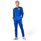 Person wearing a blue tracksuit with Adidas logo on a white background