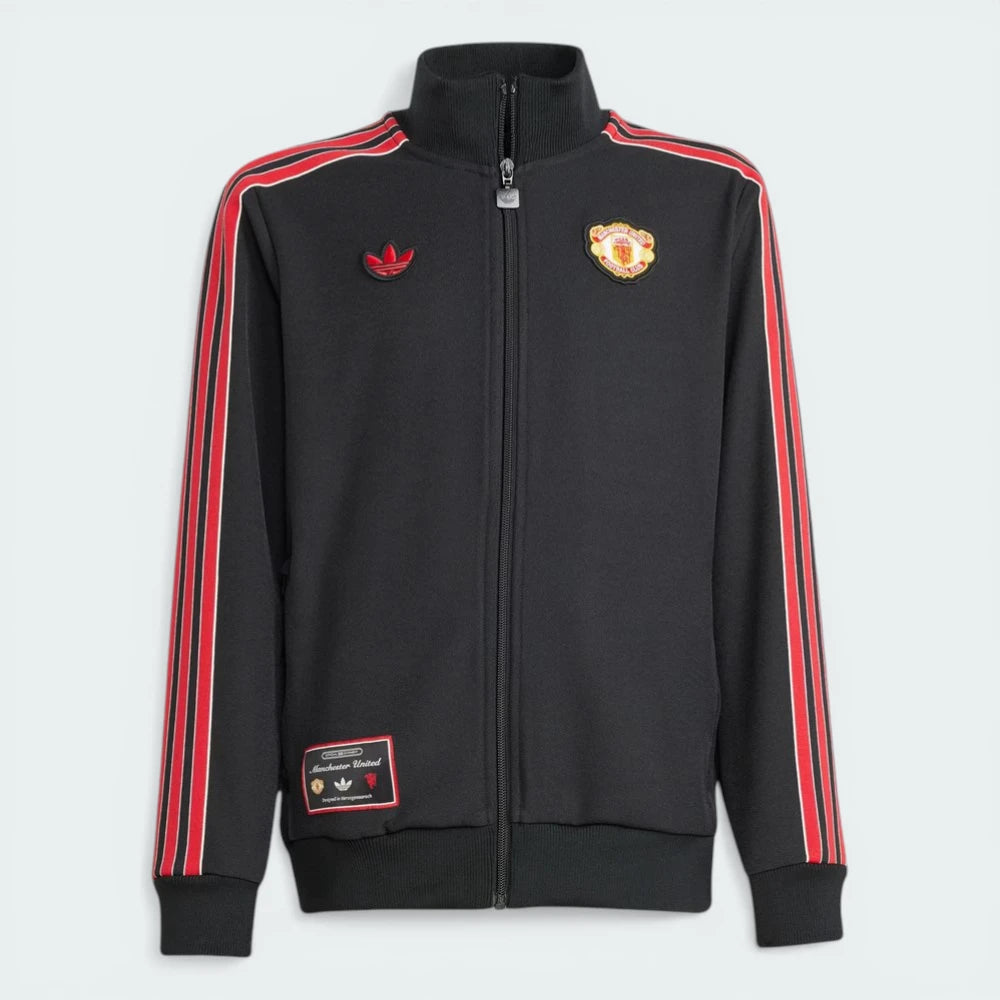 Top-down view of the jacket laid flat, highlighting the vintage sewn-on club crest and the contrast Trefoil logo on the chest.