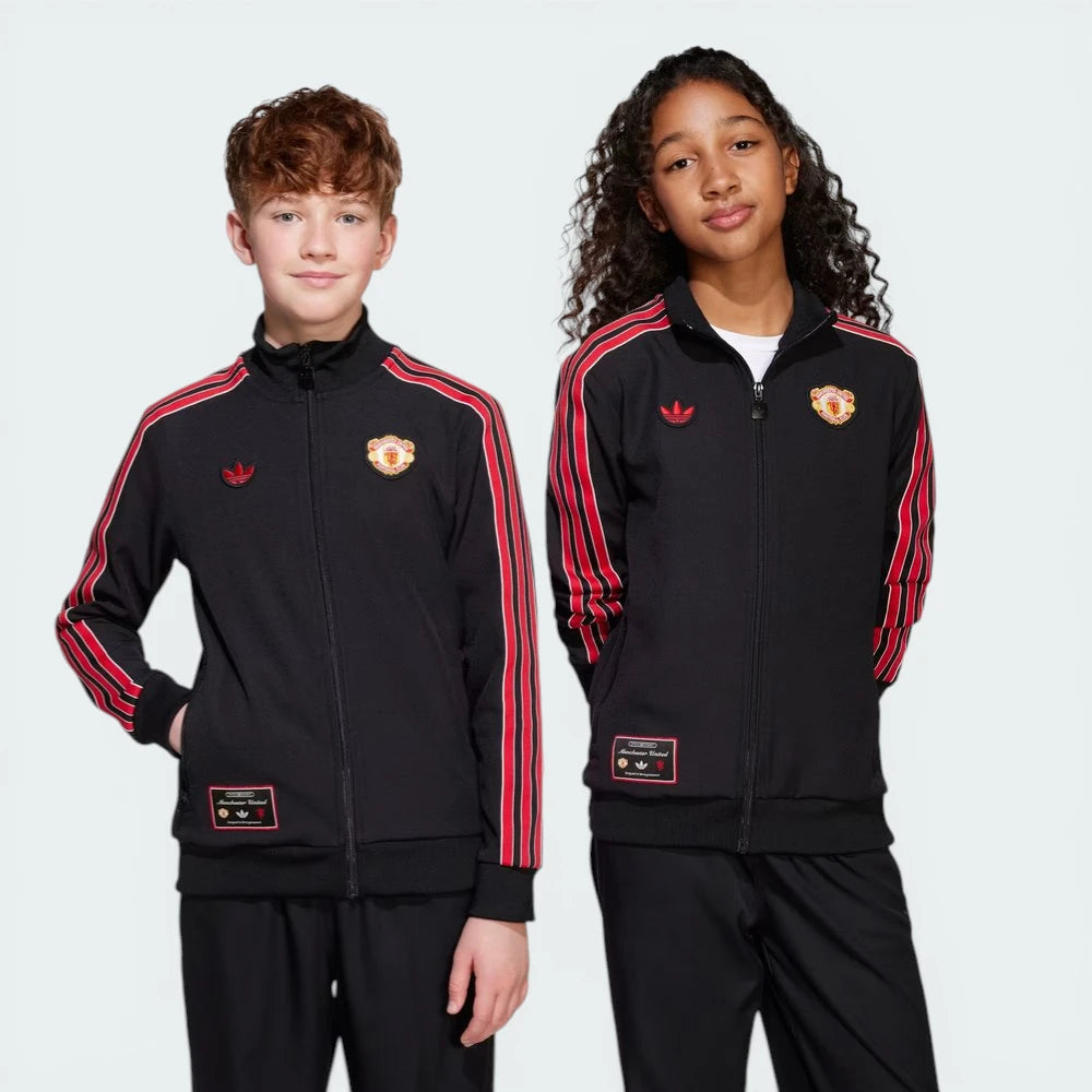 Two children wearing black tracksuits with red stripes and logos on a white background Main image