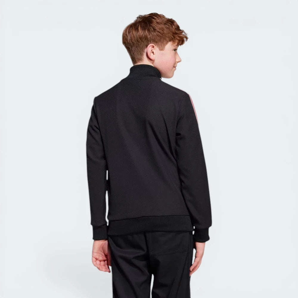 Rear view of the track top, showing the clean black finish and the structured stitching across the back and shoulders.