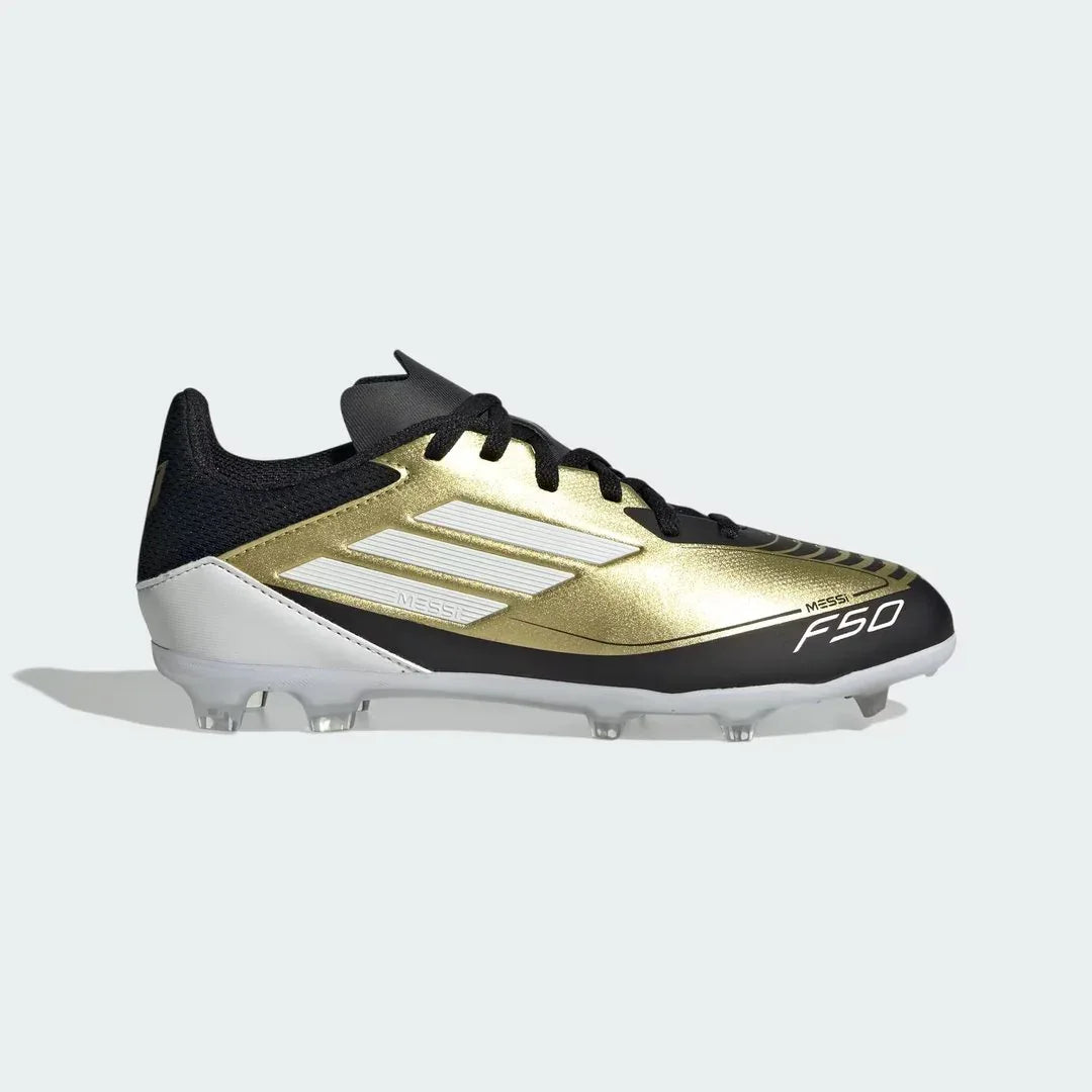 Adidas Messi F50 League FG/MG Juniors' football boots in gold metallic with cloud white and core black accents, side profile showing the synthetic Fibertouch upper and firm ground studs. Main image