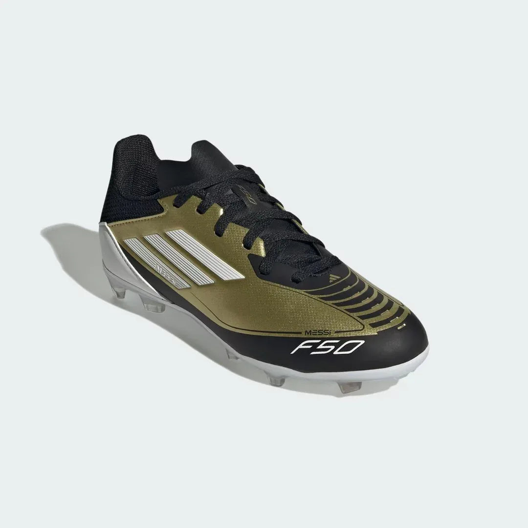 Angled view of Adidas Messi F50 League FG/MG Juniors' football boots in gold, showcasing their lightweight design and iconic Messi logo.