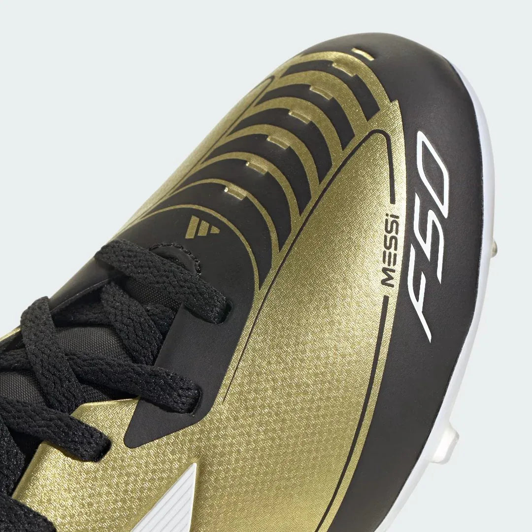 Close-up zoom on the front of the Adidas Messi F50 League FG/MG Juniors' boots, showing the Fibertouch upper texture, lacing system, and streamlined toe box.