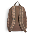 Focuses on the contoured shape of the solid brown back panel, highlighting the repeating monogram patterning lining the upper face of the adjustable shoulder straps.