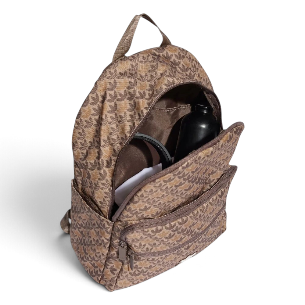 Focuses on the main compartment unzipped and partially open, displaying the interior storage space packed with a black water bottle and daily gear.