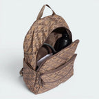Focuses on the main compartment unzipped and partially open, displaying the interior storage space packed with a black water bottle and daily gear.