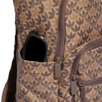 Details a close-up view of the side slip-in pocket holding a pair of sunglasses, framing the color-matched brown zipper tracks and custom metal Trefoil pull tabs.