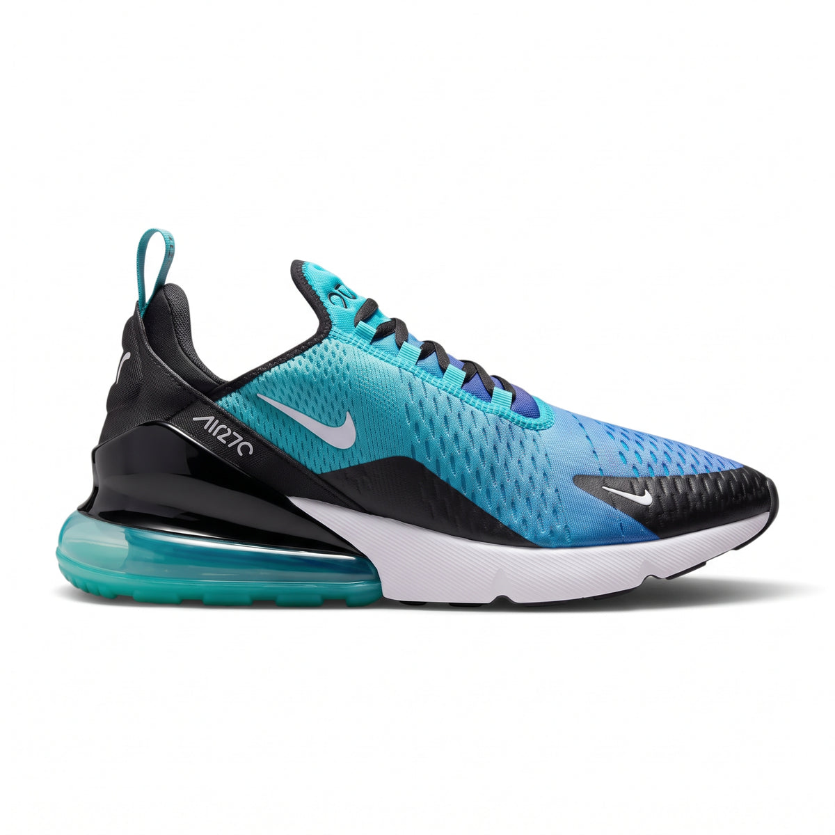 Side profile of the Nike Air Max 270 Men's Trainer in Dusty Cactus, Hyper Royal, Black, and White showing breathable textile upper, white foam midsole, and teal Max Air heel unit. Main image