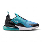 Side profile of the Nike Air Max 270 Men's Trainer in Dusty Cactus, Hyper Royal, Black, and White showing breathable textile upper, white foam midsole, and teal Max Air heel unit.