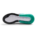 Bottom profile of the shoe displaying the rubber outsole tread pattern with forefoot pods and the translucent teal Max Air heel enclosure.
