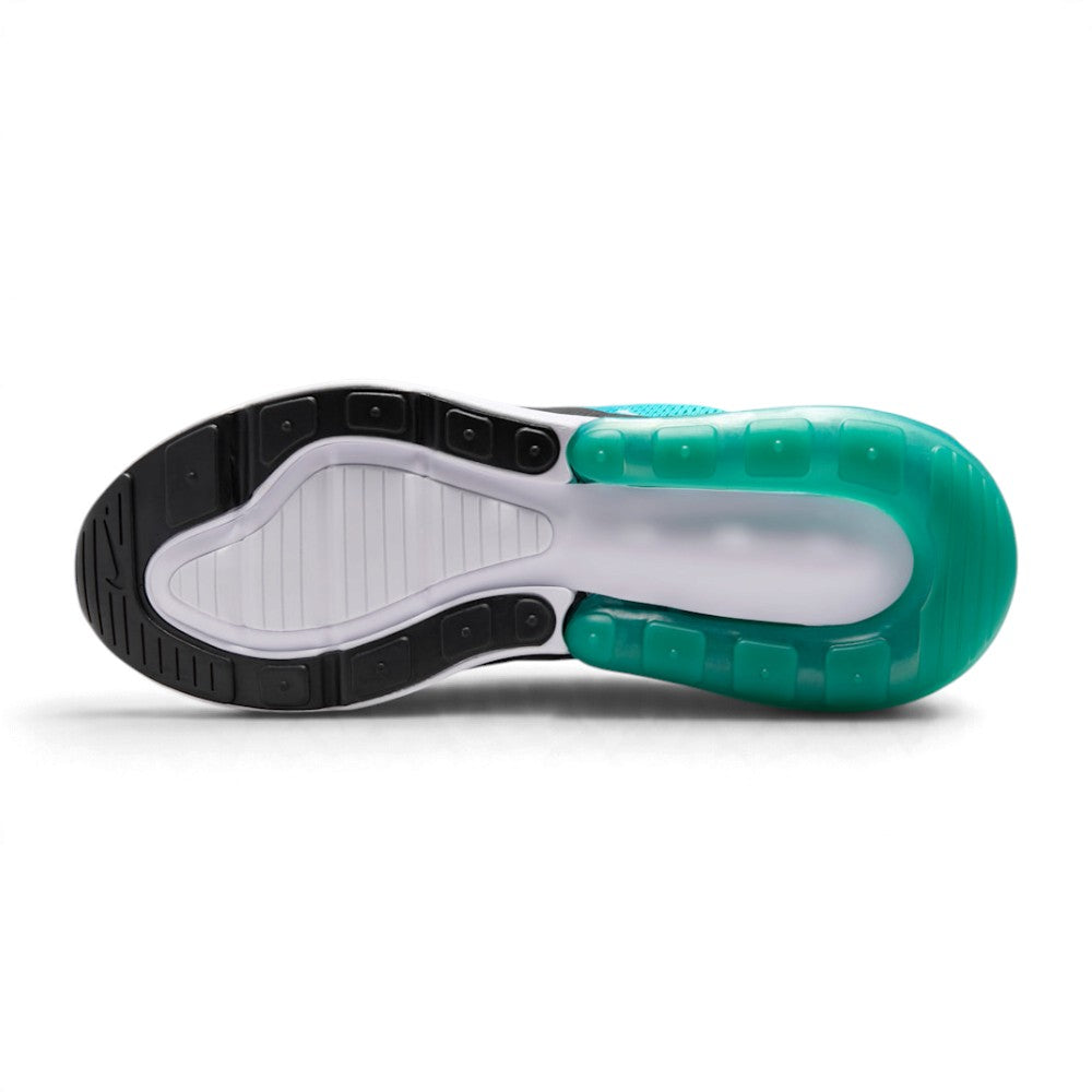Bottom profile of the shoe displaying the rubber outsole tread pattern with forefoot pods and the translucent teal Max Air heel enclosure.
