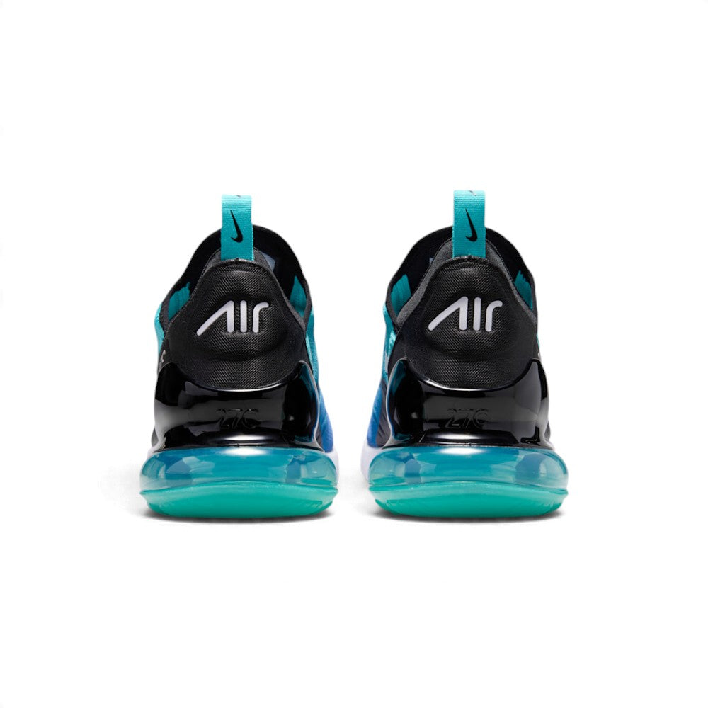 Rear view of the sneakers emphasizing the heel pull loops, "AIR" branding, and the translucent teal Max Air cushioning bubbles.