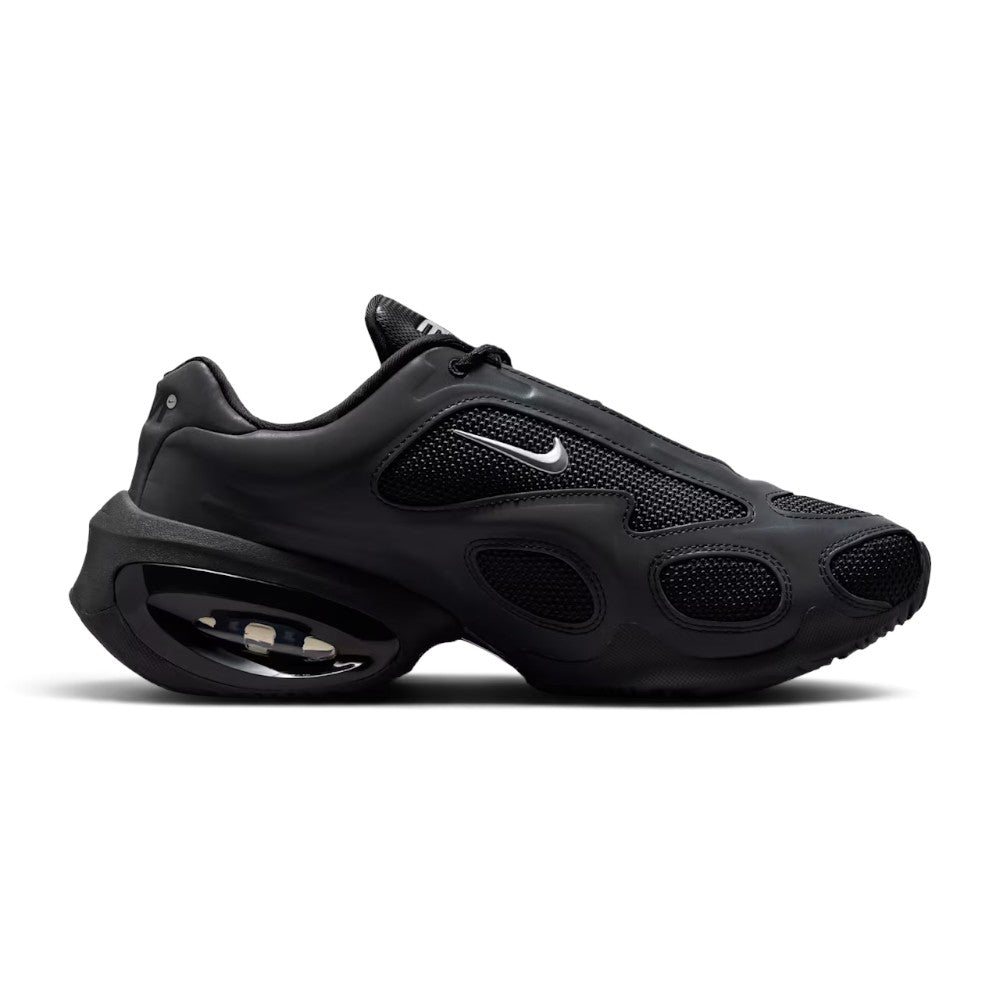 Highlights the inner profile showing the matching matte black synthetic overlays, black mesh pods, high-arch archway, and the visible heel Max Air window.