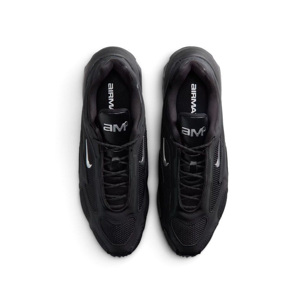 Focuses on the locked-in central lacing layout, displaying black laces, tonal eyestay cages, dark mesh toe boxes, and black tongue badges printed with the metallic silver "aM" Air Max logo.