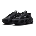 Emphasising the sculpted three-quarter stance of the shoes and the sleek contrast between the smooth black overlays, breathable mesh underlays, and metallic silver Swooshes.