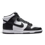 Highlights the high-velocity sweep of the black leather Nike Swoosh, showing the crisp white leather quarter panel, the dark leather overlays, the padded high-top collar, and the clean white midsole wall.