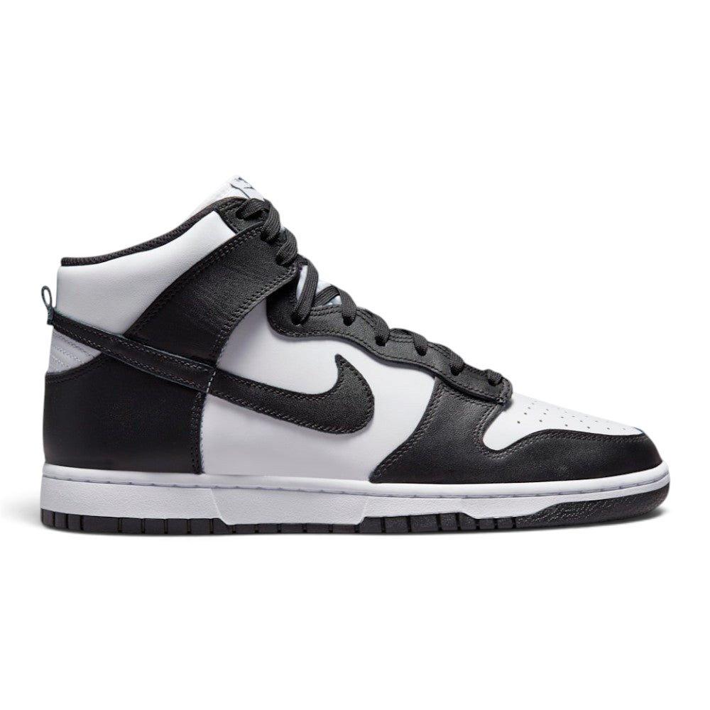 Highlights the high-velocity sweep of the black leather Nike Swoosh, showing the crisp white leather quarter panel, the dark leather overlays, the padded high-top collar, and the clean white midsole wall.