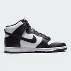 Highlights the high-velocity sweep of the black leather Nike Swoosh, showing the crisp white leather quarter panel, the dark leather overlays, the padded high-top collar, and the clean white midsole wall.