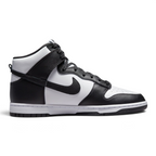 Highlights the high-velocity sweep of the black leather Nike Swoosh, showing the crisp white leather quarter panel, the dark leather overlays, the padded high-top collar, and the clean white midsole wall.