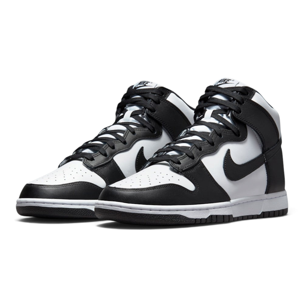 Emphasising the aggressive, forward-leaning basketball stance of the high-tops and the striking monochrome contrast between the white bases and black overlays.