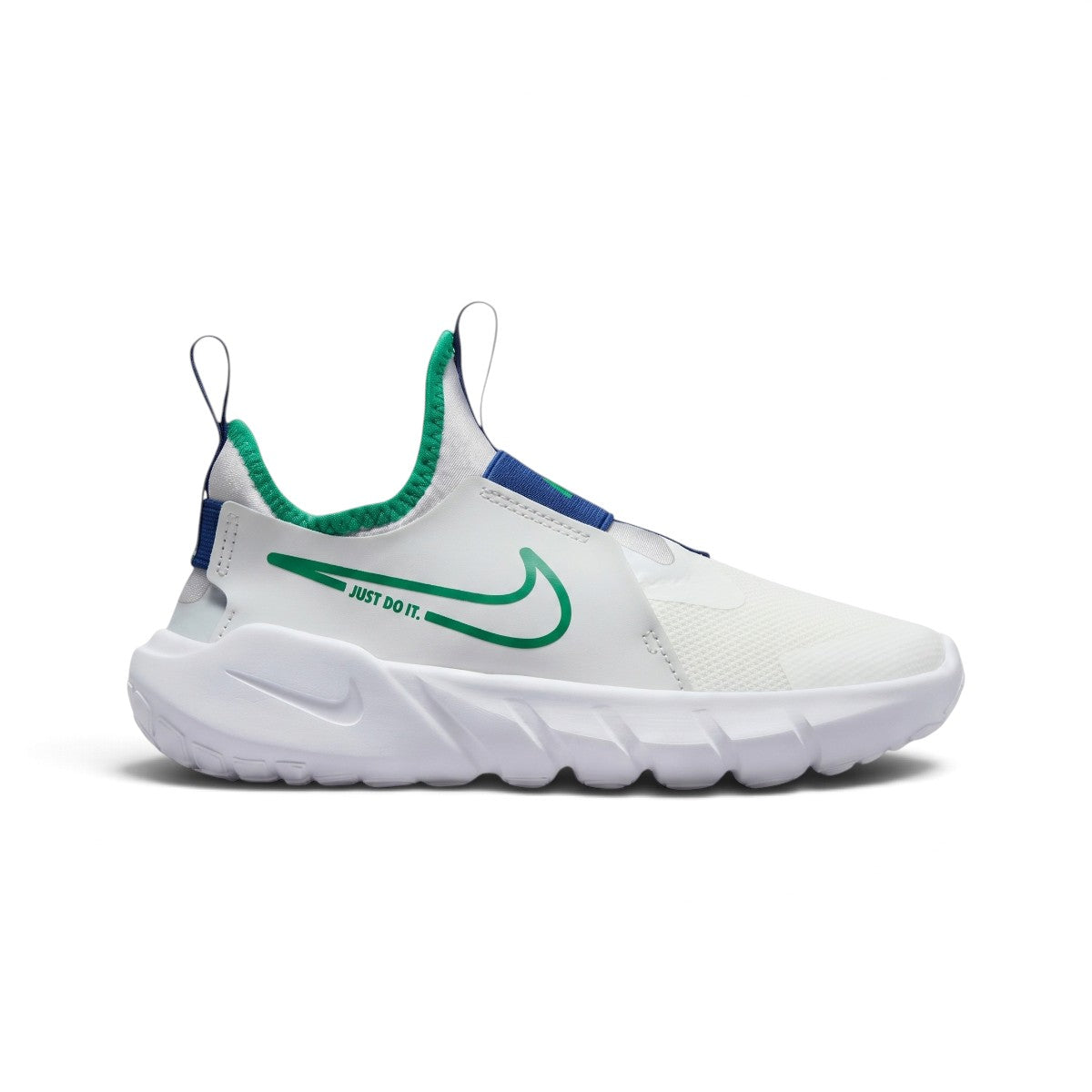 Studio lateral shot of the Nike Flex Runner 2 children's running shoes in Summit White and Stadium Green, highlighting the slip-on bootie design, flexible white foam sole, green Swoosh branding with Just Do It text, and blue heel pull tab. Main image