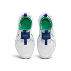 Overhead view looking down at the laced-free children's shoes, displaying the blue elastic midfoot straps featuring bold green "NIKE" lettering and the bright green cushioned insoles.