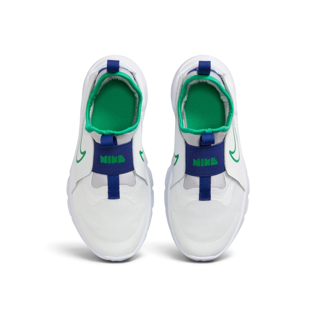 Overhead view looking down at the laced-free children's shoes, displaying the blue elastic midfoot straps featuring bold green "NIKE" lettering and the bright green cushioned insoles.