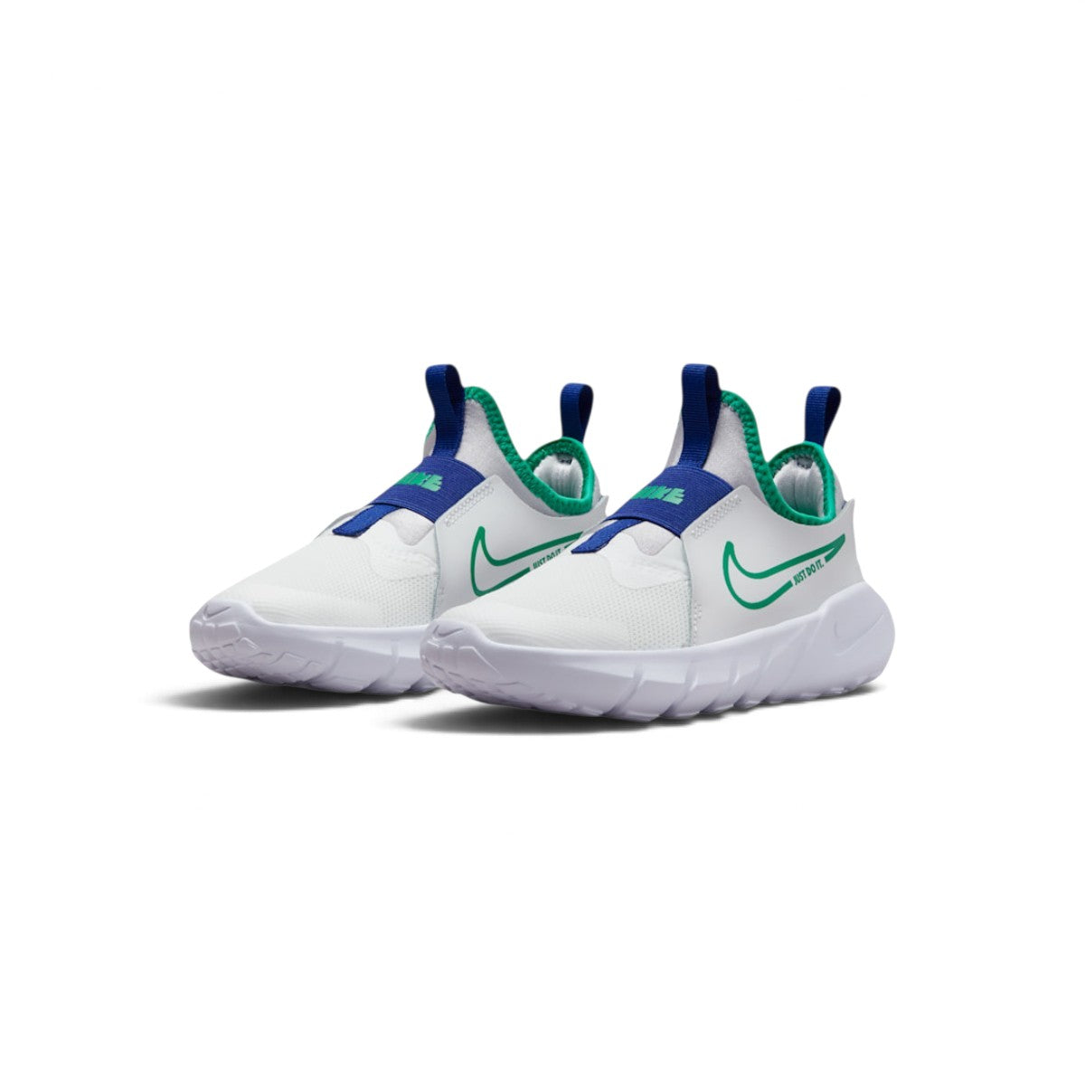 Front three-quarter perspective of both shoes side-by-side, emphasizing the clean white upper finish and stadium green side Swooshes.