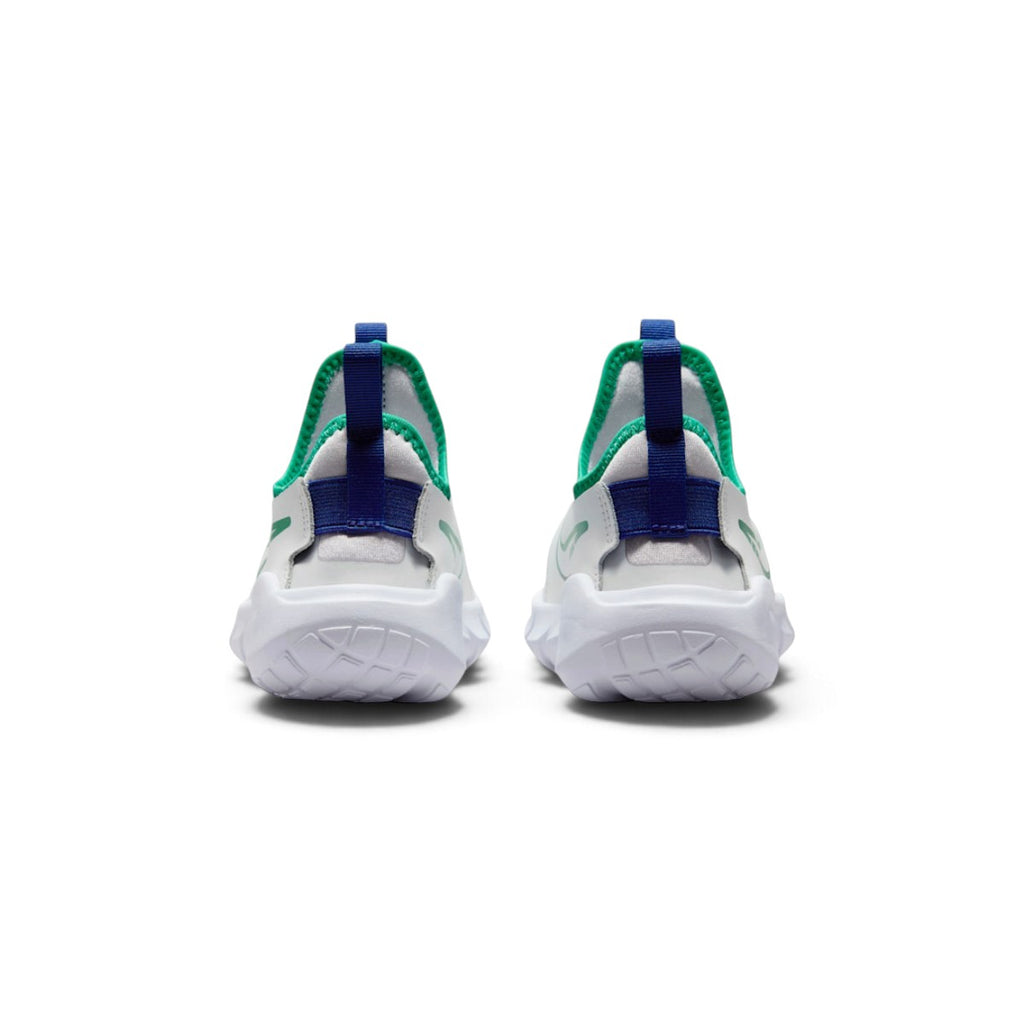 Rear-facing perspective focusing on the structured heel counters, blue vertical pull tabs, and the curved shape of the flexible foam sole.
