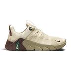 Displays the full lateral silhouette featuring the Light Khaki breathable mesh upper, the integrated webbed lacing containment straps, the chocolate-brown stable heel wrap with an olive-accented Swoosh, and the flexible segmented midsole.