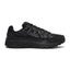 Highlights the early-2000s lateral silhouette featuring the stealth black mesh upper, horizontal and vertical leather lattice overlays, glossy moulded black Nike Swoosh, sculpted black foam midsole, and black rubber outsole.