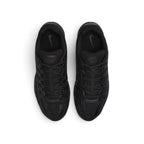 Focuses on the locked-in central lacing layout, displaying the flat black laces, vertical tongue webbing stamped with "Bowerman Series" text, padded mesh tongues with embossed Nike branding tabs, and black insoles printed with grey Swooshes.