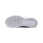 Displays the full-length black and white rubber outsole, showcasing the waffle-inspired multi-directional grip pods and forefoot flex grooves.