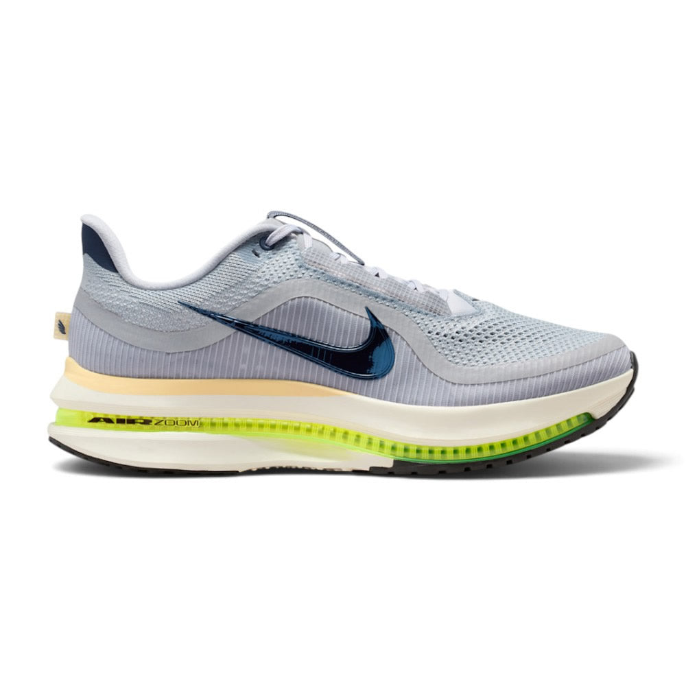 Capturing the high-stack performance running silhouette, detailing the wolf grey circular knit upper, midnight navy lateral Swoosh, visible sculpted full-length Air Zoom chamber, layered sail ZoomX and pewter ReactX foam sidewalls, and modified Waffle rubber outsole profile.