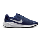 Highlights the inner profile displaying the Midnight Navy mesh chassis, white Swoosh, clean foam midsole carrier, and the circular Sunburst pinwheel logo debossed on the lateral heel foam.