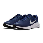 Emphasising the clean, modern stance of the road runners and the sharp contrast between the deep Midnight Navy upper weave and bright white midsole tooling.