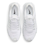 Overhead look at the shoe highlighting the white synthetic toe box, webbed ghillie lacing throat with flat white laces, breathable mesh tongue with rubberised Shox logo badge, padded white collar lining, and cushioned insole.