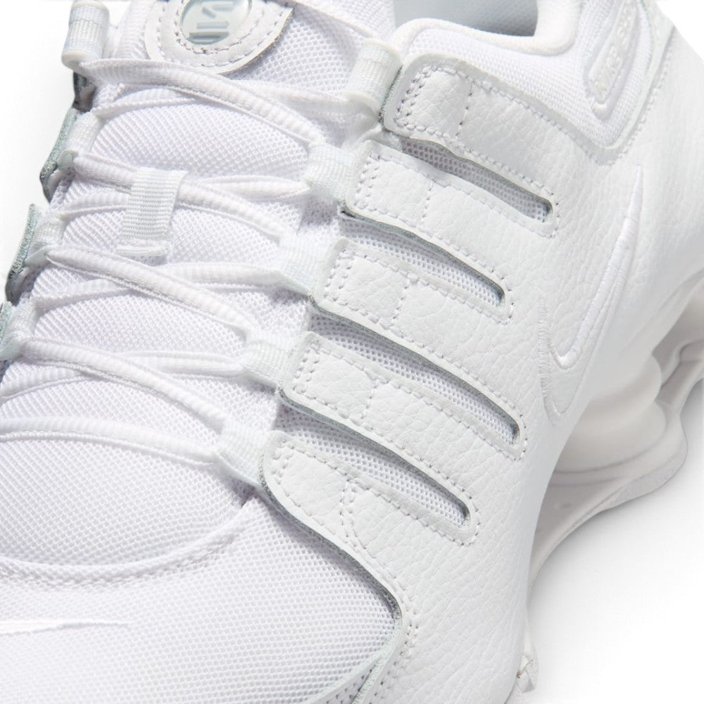 Focusing on the White Synthetic Leather Forefoot, Precision Micro-Perforations, Webbed Ghillie Loops, and Flat White Laces, demonstrating the panel construction, scuff defence boundaries, and refined finish as the stylish final detail.