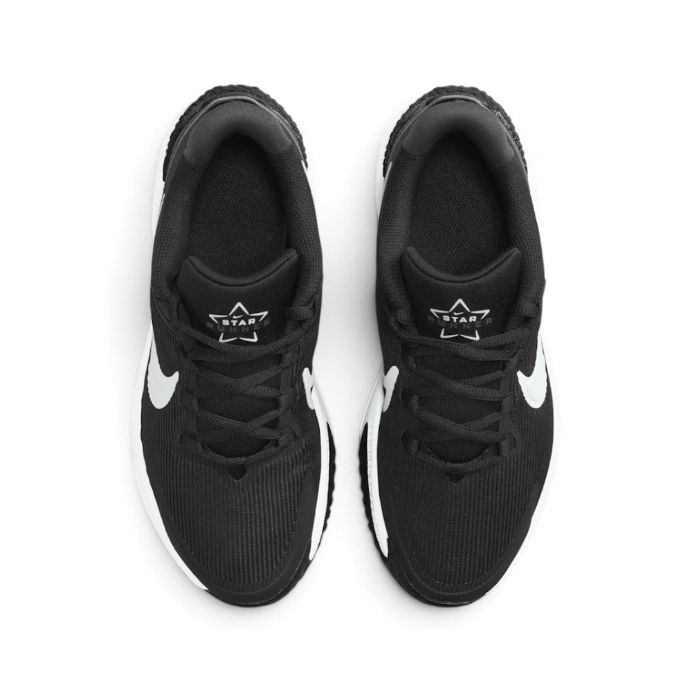 Highlighting the symmetrical central lacing throat, flat black laces, padded mesh tongue with Nike Star Runner branding, and cushioned sockliner, demonstrating the upper template constructed for a comfortable "locked-in" fit.