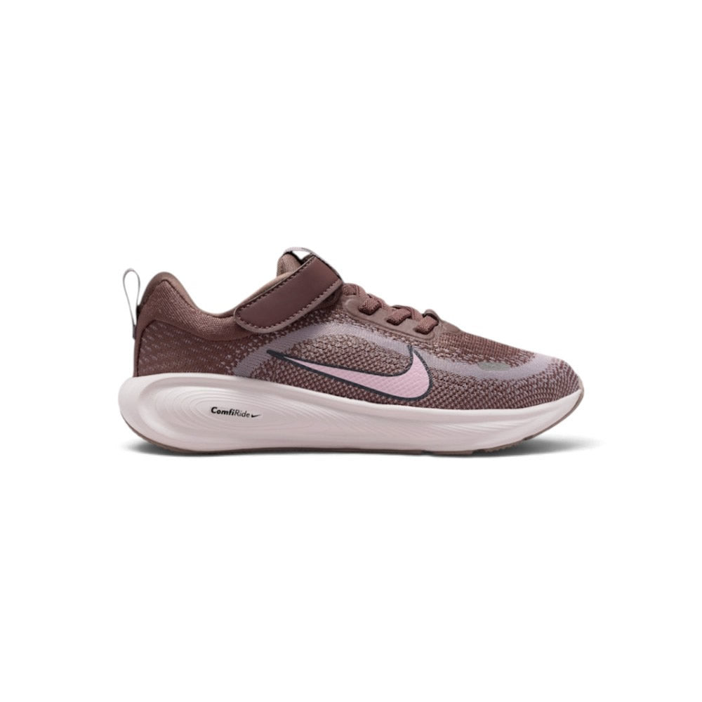 Displays the full lateral silhouette featuring the Tattoo purple mesh upper, the secure hook-and-loop top strap over elastic laces, the contrasting Pink Foam side Swoosh, the thick ComfiRide foam midsole, and the durable rubber outsole.