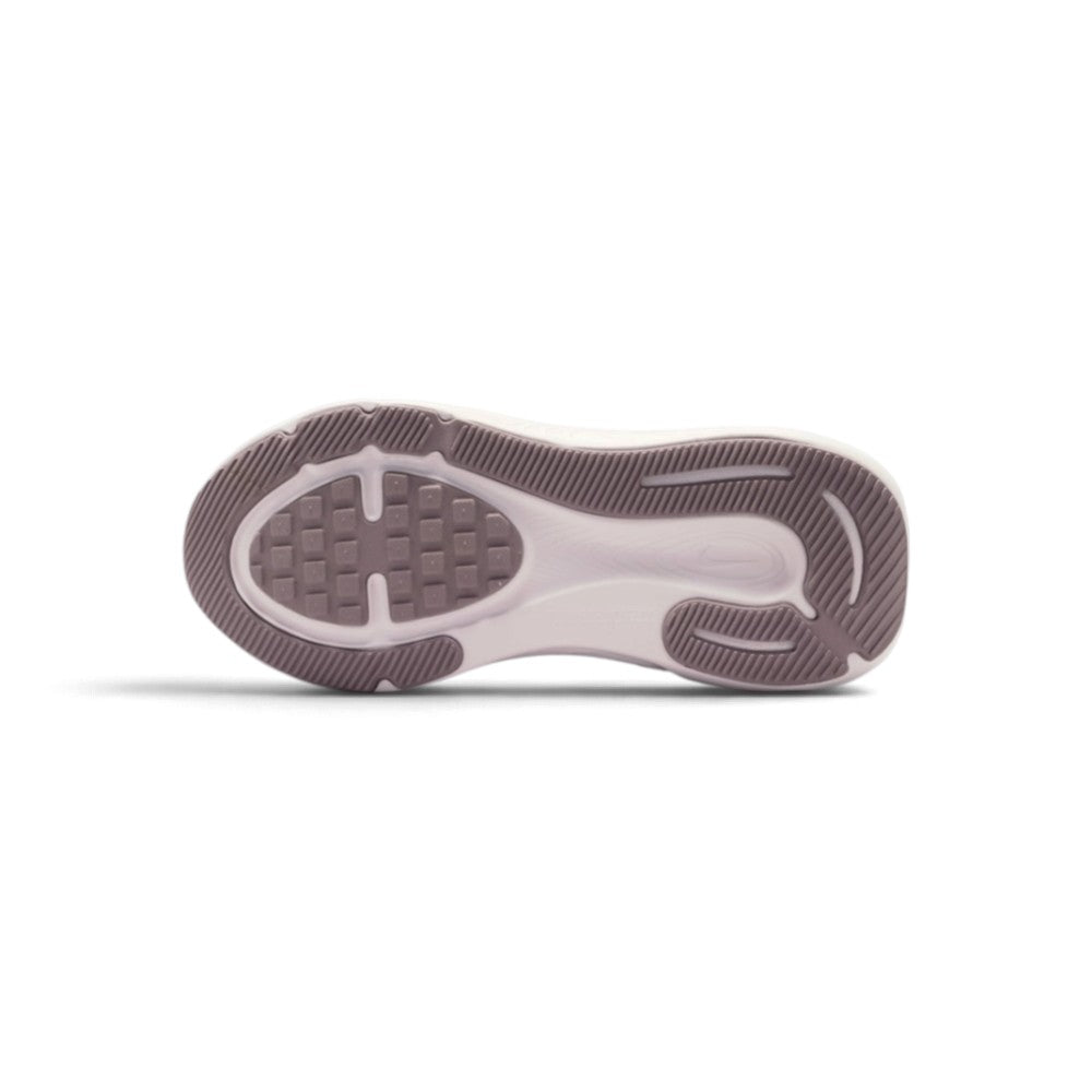 Full-length bottom profile showing the light violet rubber outsole, highlighting the durable waffle-inspired traction pods and forefoot flex grooves designed for natural children's foot movement.
