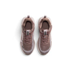 Direct overhead view of both shoes laid flat, showcasing the breathable forefoot mesh, parallel elastic laces secured by the adjustable purple strap, branded pull tabs, and comfortable interior footbeds.