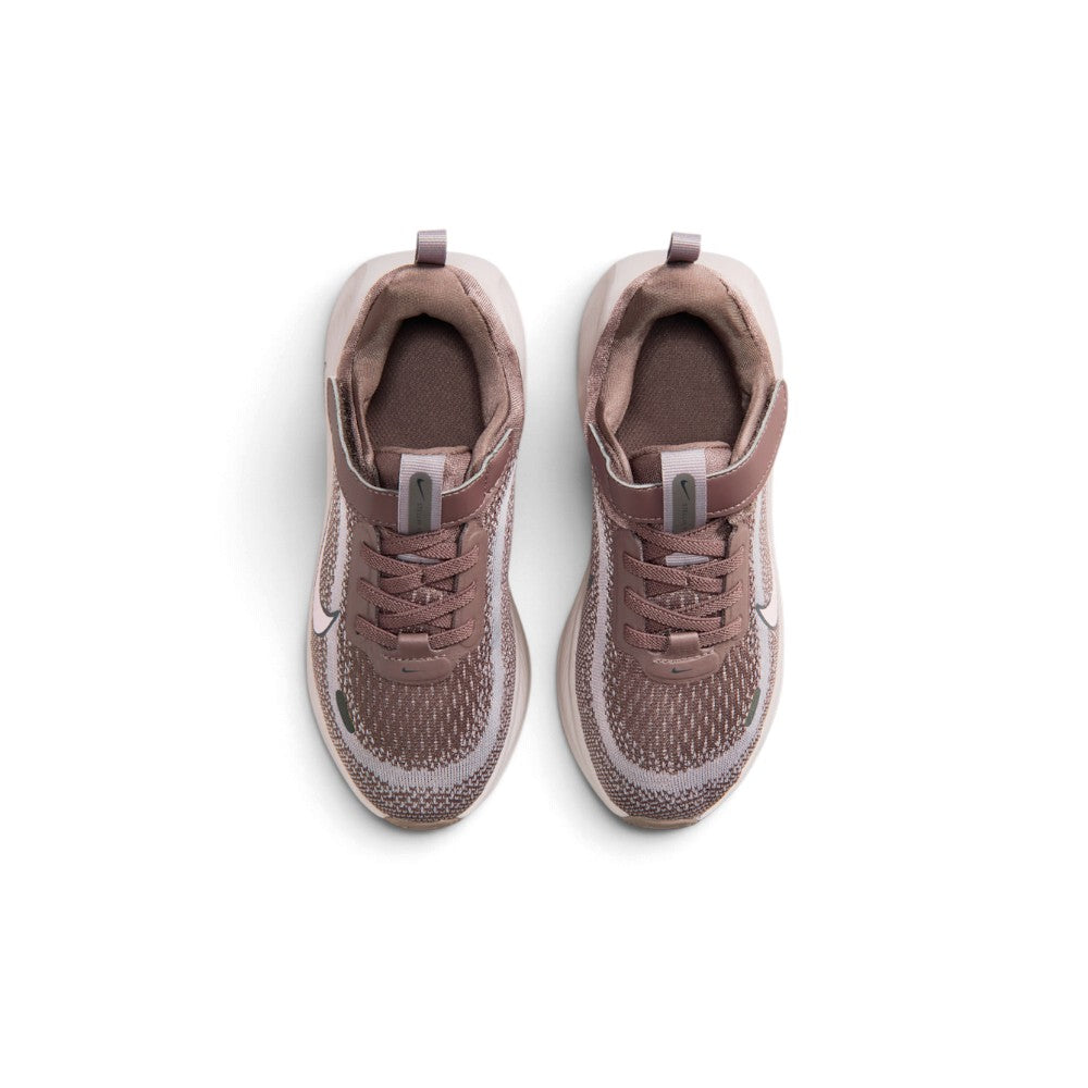 Direct overhead view of both shoes laid flat, showcasing the breathable forefoot mesh, parallel elastic laces secured by the adjustable purple strap, branded pull tabs, and comfortable interior footbeds.