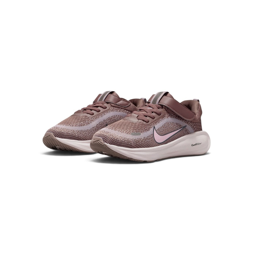 Forward three-quarter angle showcasing both shoes side by side, highlighting the playful kids' running stance, pastel purple-and-pink colorway, and supportive midsole profile.