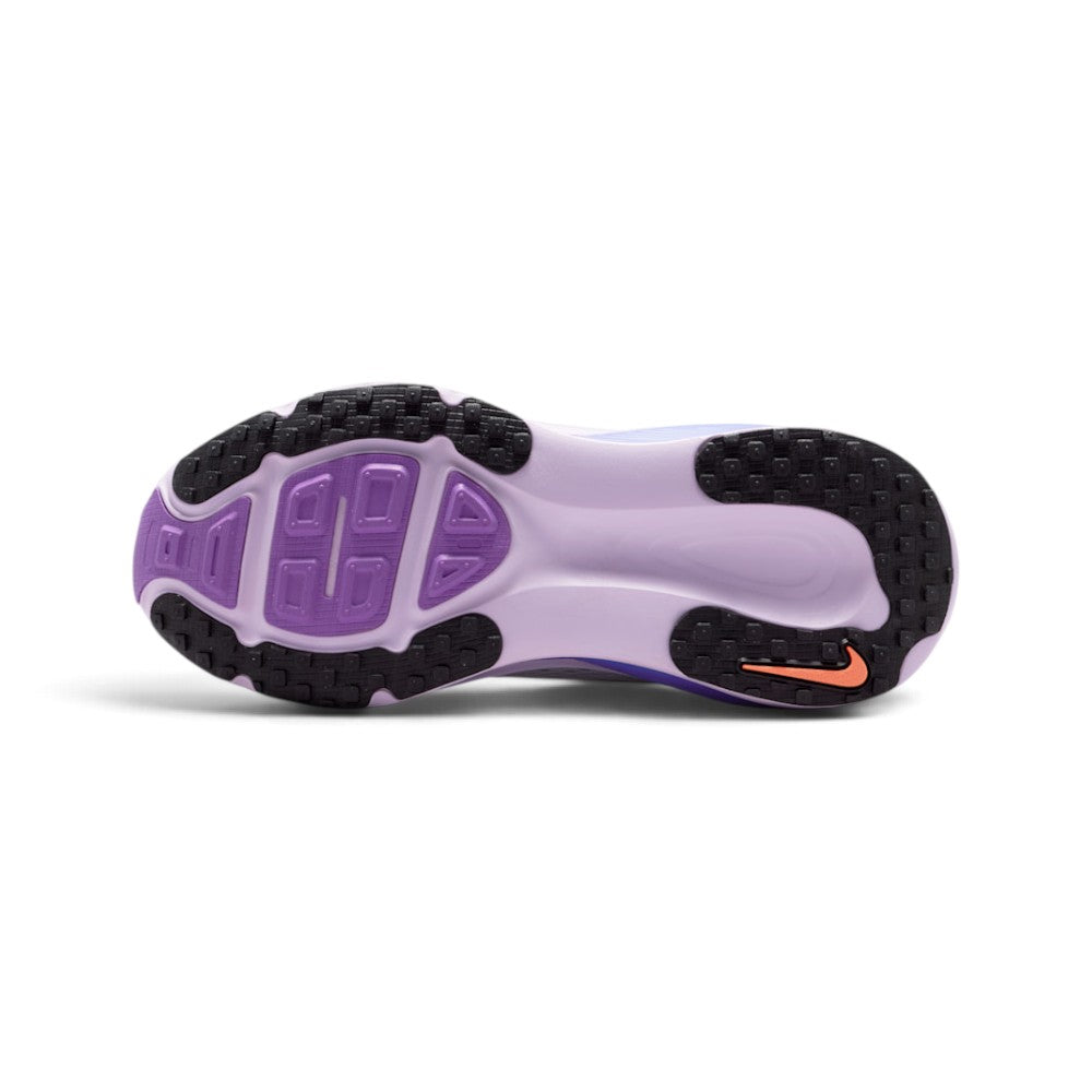 Displays the full-length podular outsole featuring perimeter black lugged rubber pods, a central lilac transition cavity, violet forefoot pods, and a Hot Lava mini Swoosh accent in the heel.