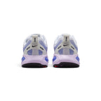 Focuses on the rear profile, displaying the light grey heel counter overlay with mini black Swooshes, dual vertical reflective pods, white webbing heel pull tabs, and the wide flared base of the lilac ReactX midsole carrier.