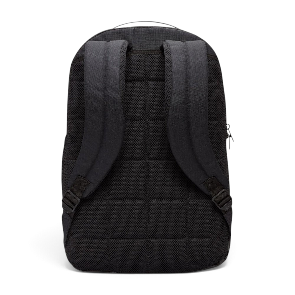 Trade Sports Nike Brasilia 9.5 black training backpack showing the padded mesh back panel and adjustable straps